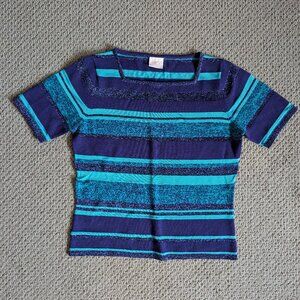Retro Striped Knit Top – Navy Blue & Teal with some glitter, Wool mix, Size M